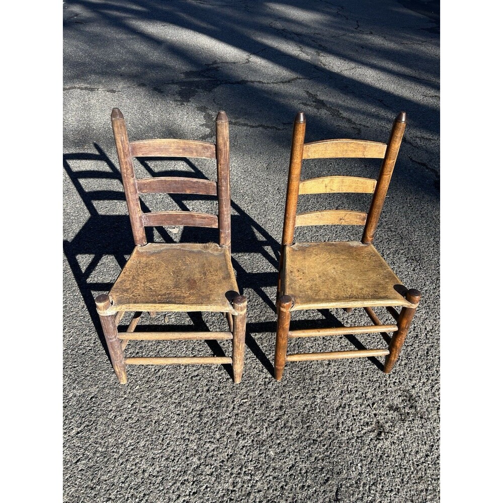 RARE Antique Native American Handmade Cowhide Ladder Back Chair Set Of 2